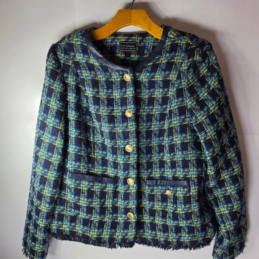 G by Giuliana Black Label Tweed Jacket Blazer Blue Yellow Fringe Sz L